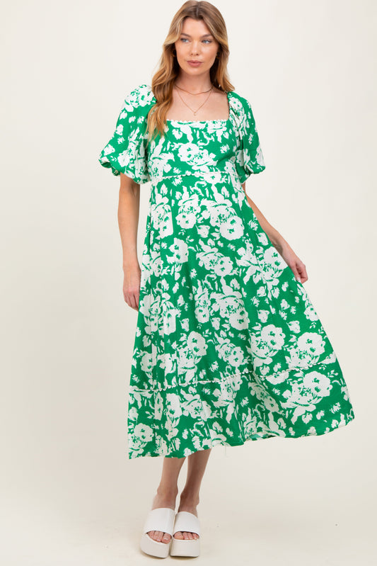 Green Floral Scallop Trim Puff Sleeve Maternity Midi Dress