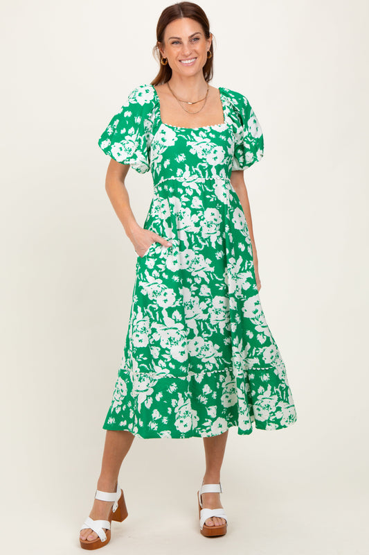 Green Floral Scallop Trim Puff Sleeve Midi Dress