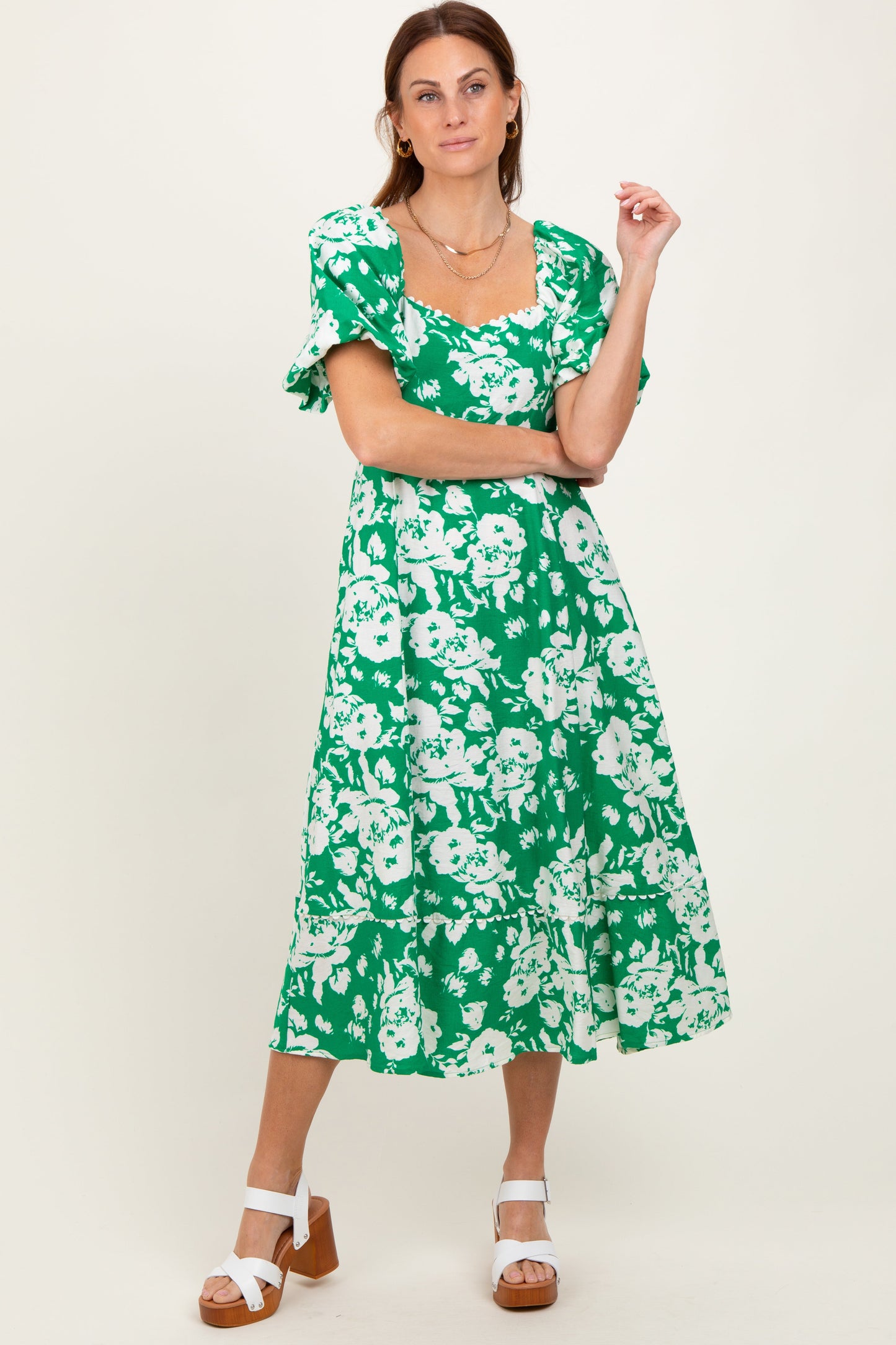 Green Floral Scallop Trim Puff Sleeve Midi Dress