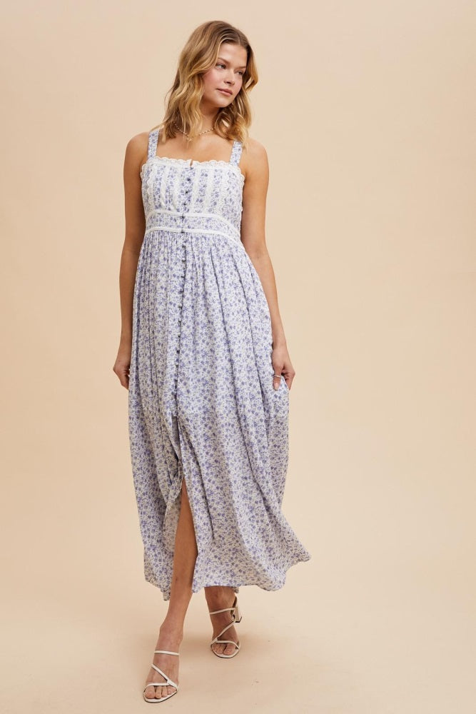Light Blue Floral Button Down Sleeveless Maternity Maxi Dress