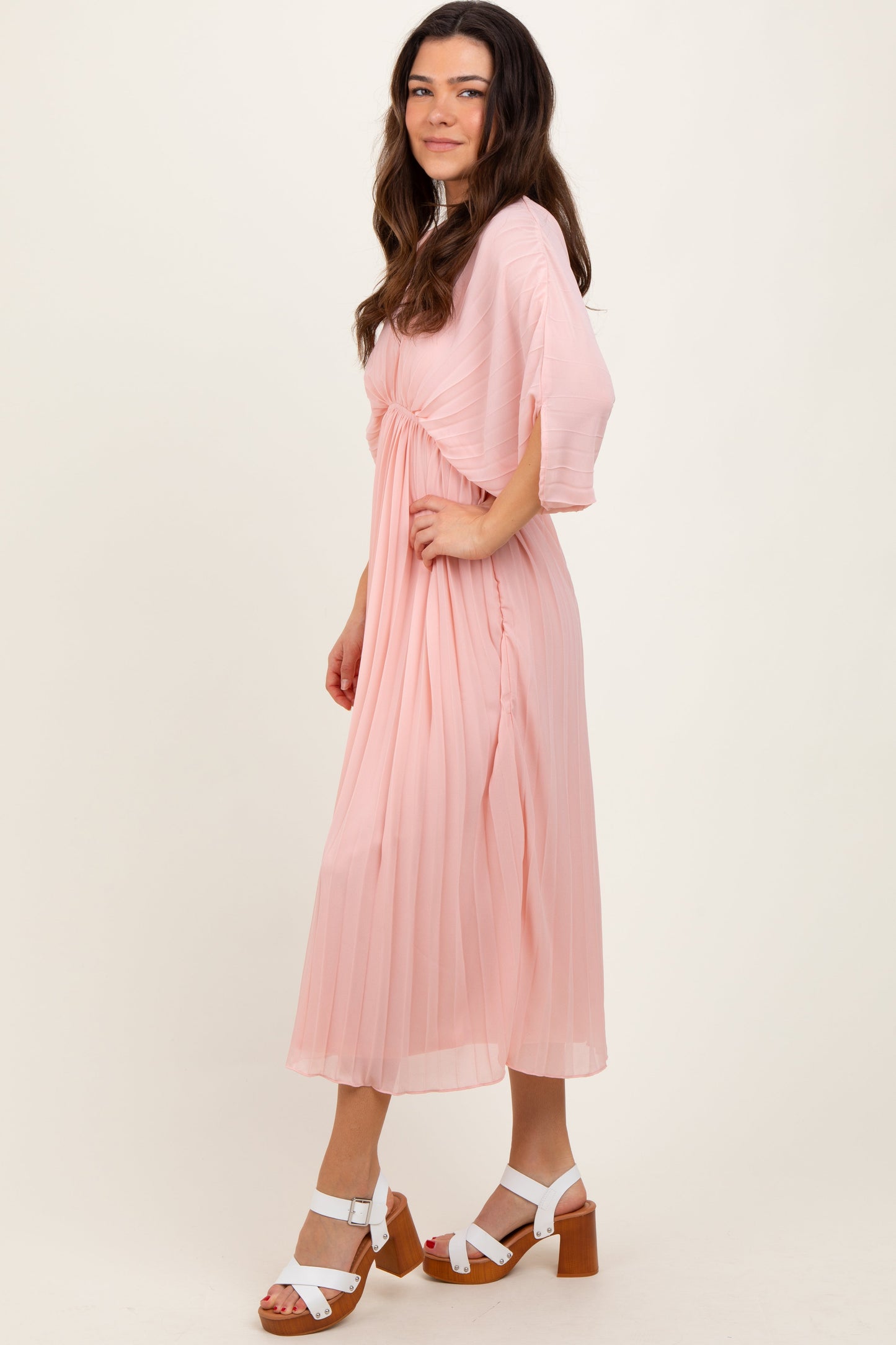 Light Pink Pleated V Neck Maxi Dress