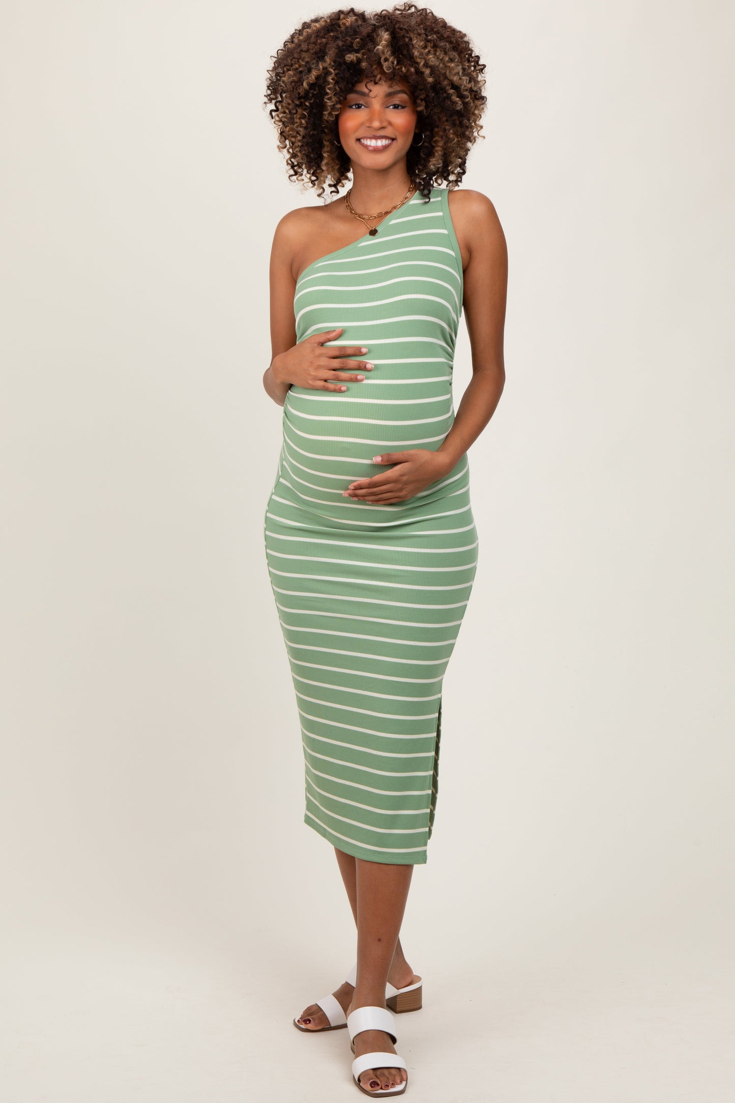 Light Olive Striped One Shoulder Side Slit Maternity Midi Dress