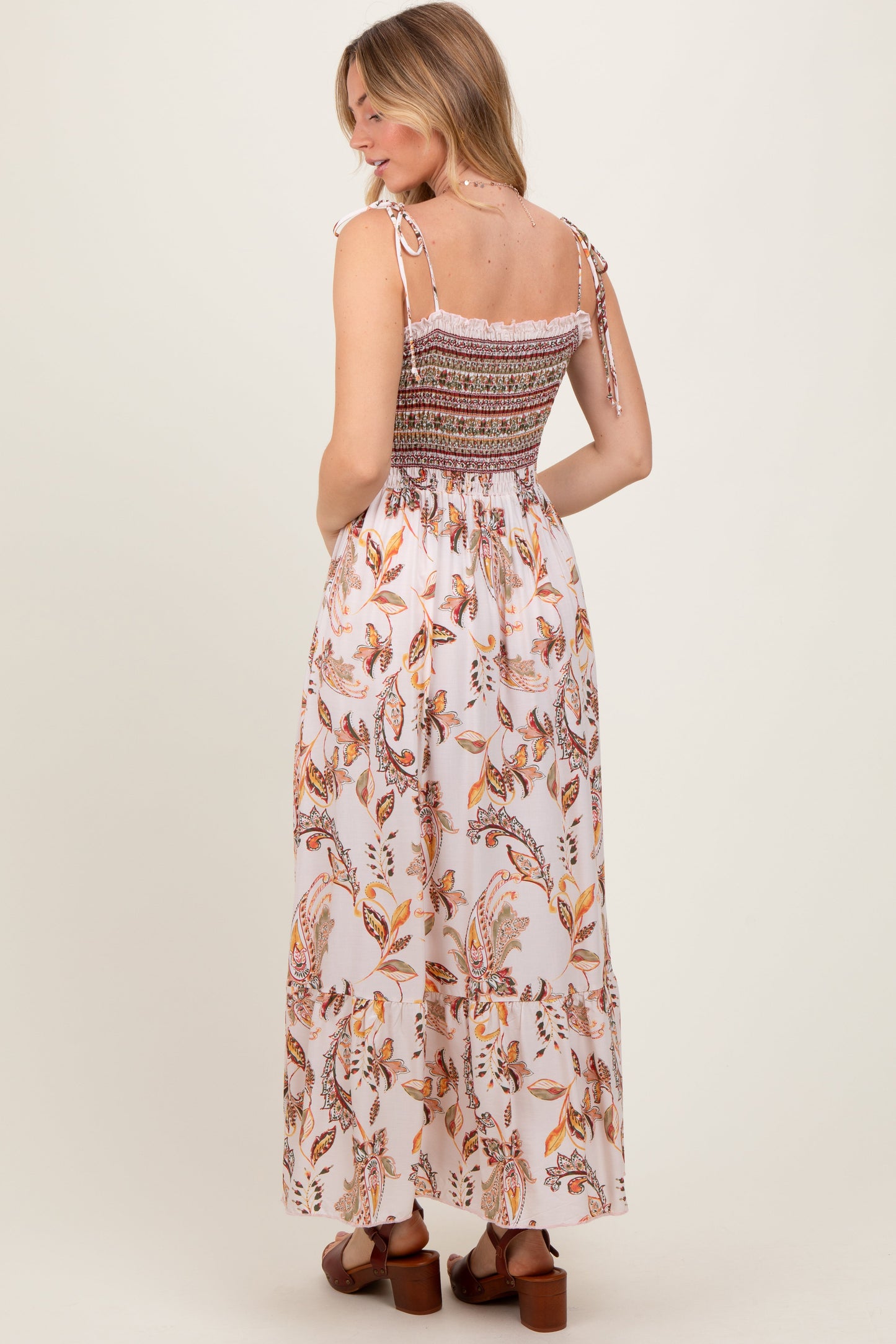 Ivory Paisley Shoulder Tie Smocked Maxi Dress