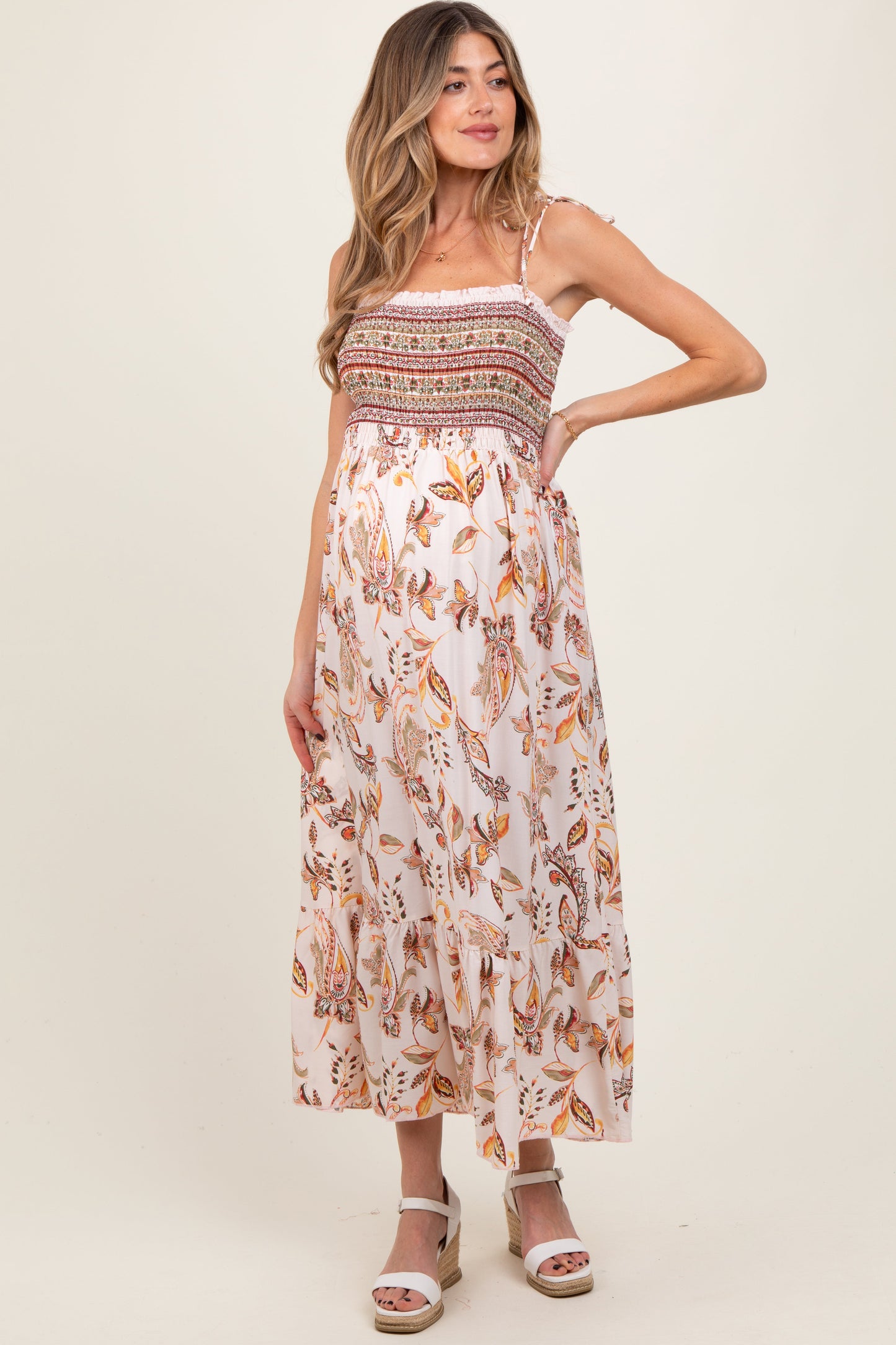Ivory Paisley Shoulder Tie Smocked Maternity Maxi Dress