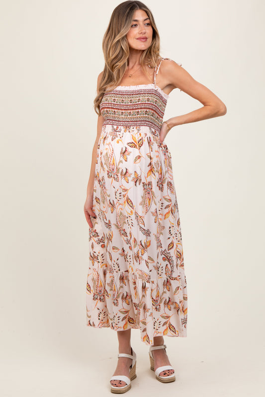 Ivory Paisley Shoulder Tie Smocked Maternity Maxi Dress
