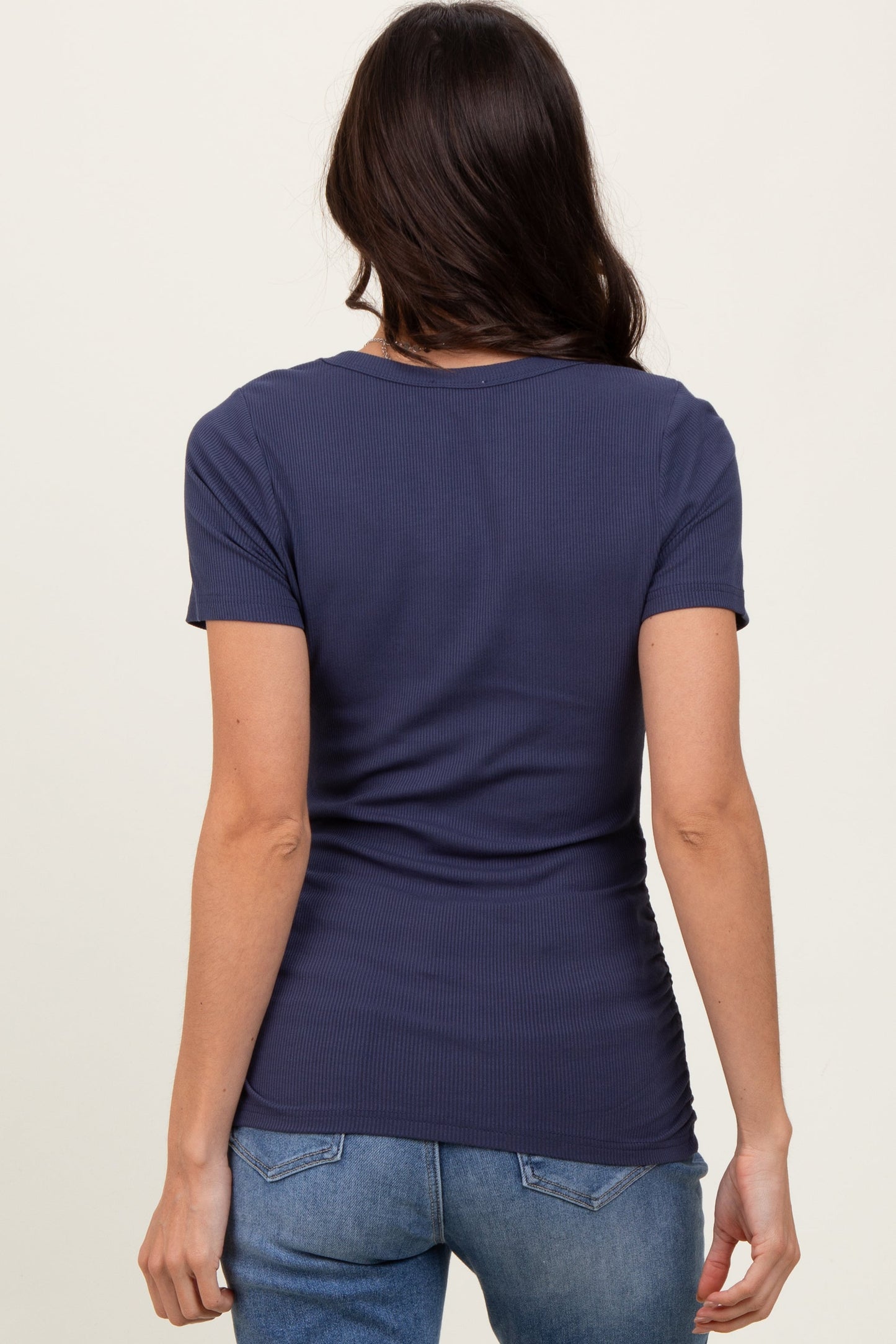 Navy Ribbed Scoop Neck Short Sleeve Top