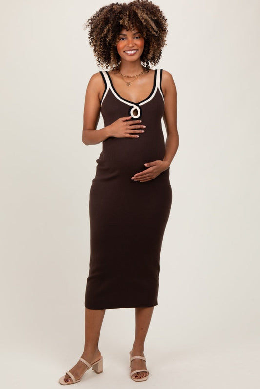 Brown Knit Key Hole Detail Low Back Maternity Midi Dress