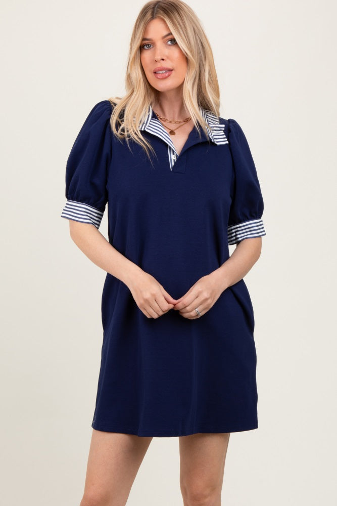 Navy Mock Neck Contrast Striped Trim Mini Dress
