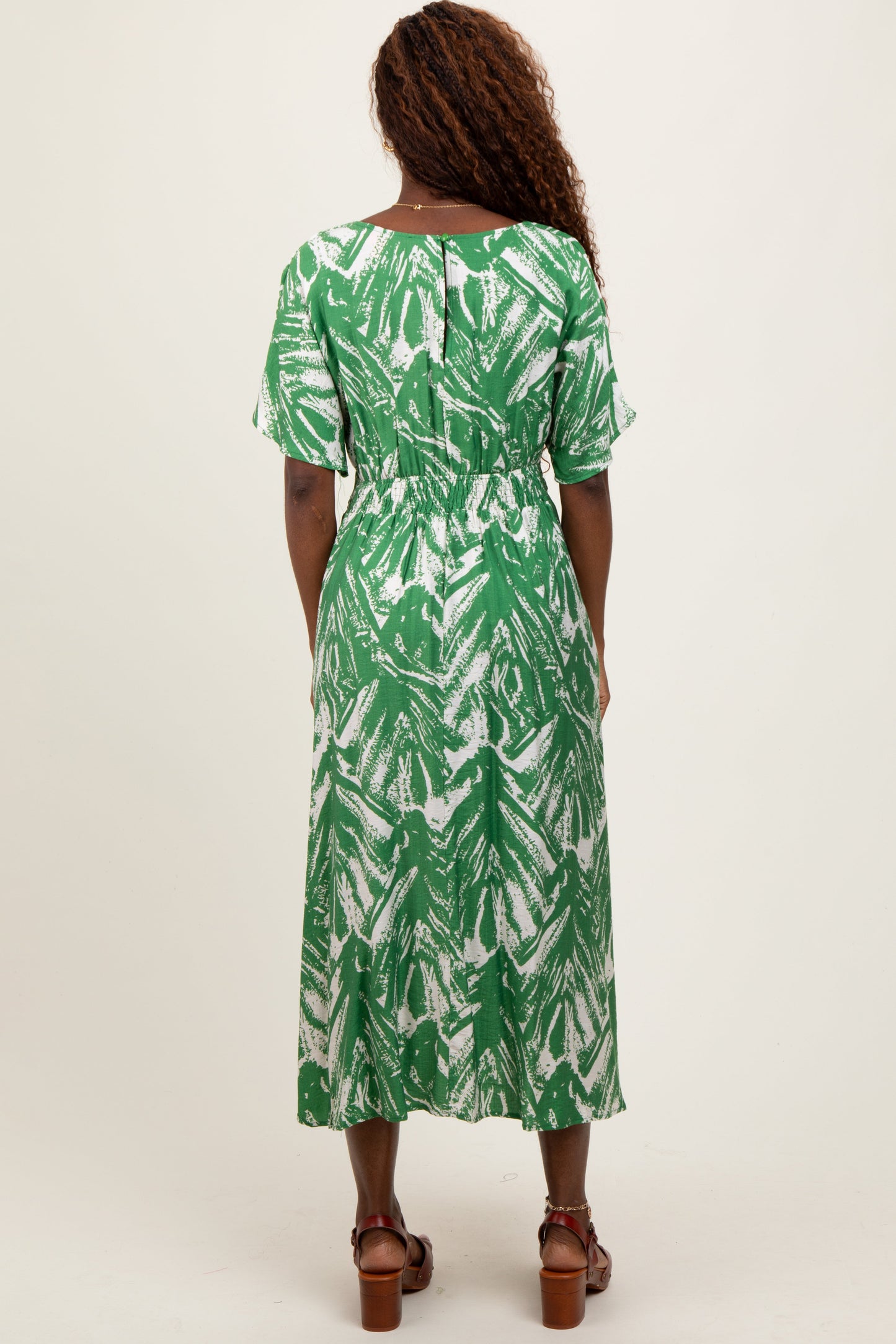 Green Brushstroke Print Cutout Midi Dress