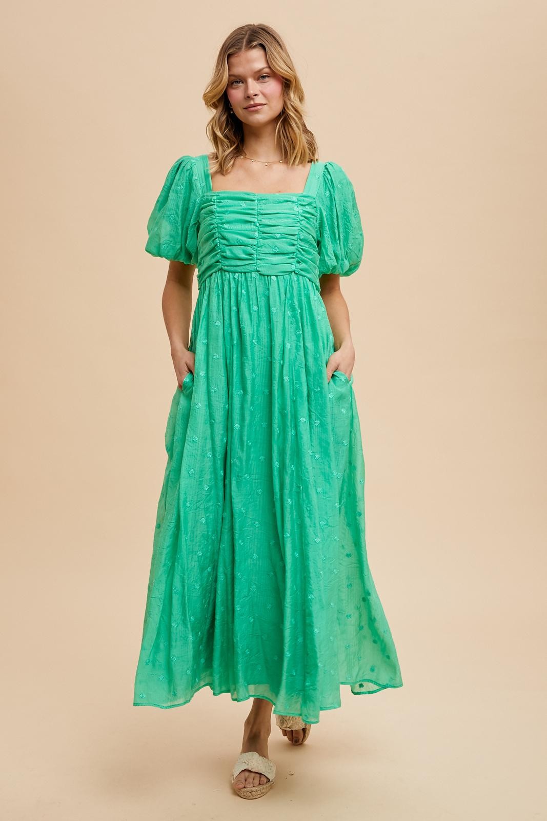 Green Embroidered Shirred Puff Sleeve Maxi Dress