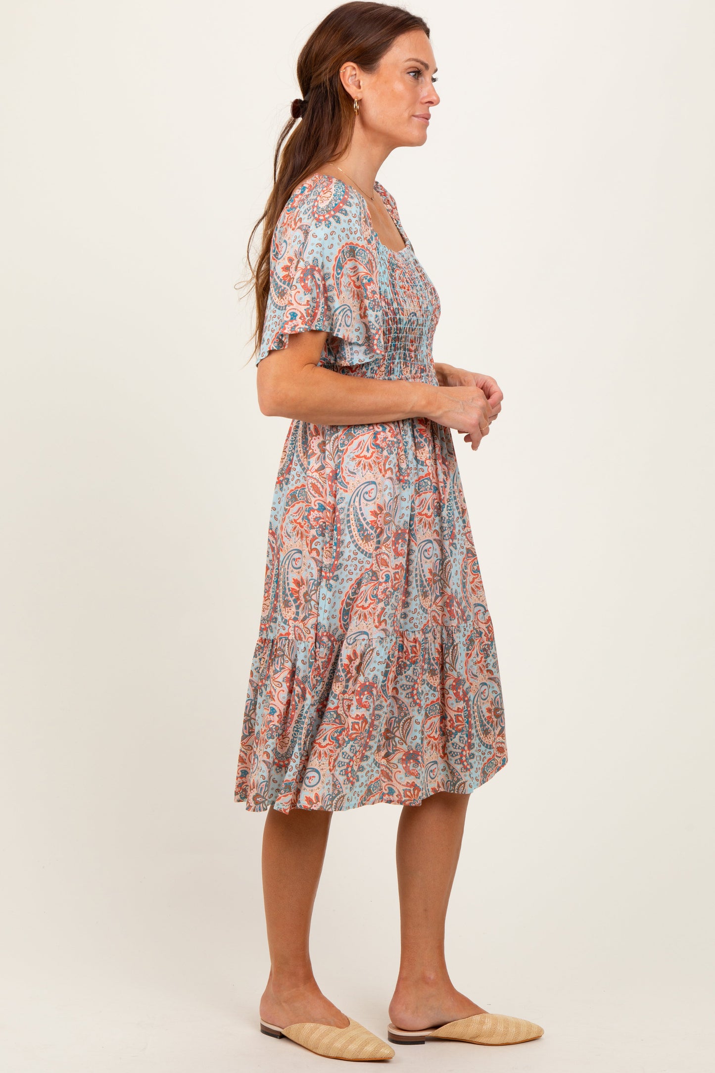 Light Blue Paisley Floral Smocked Midi Dress