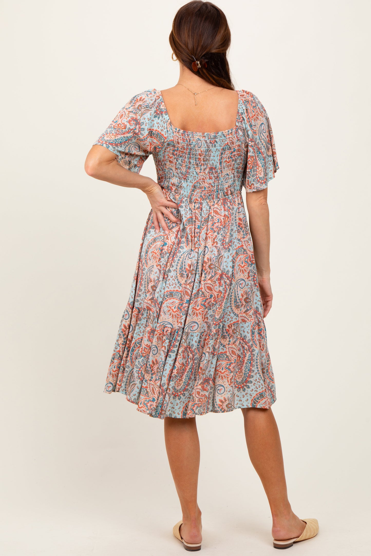 Light Blue Paisley Floral Smocked Midi Dress