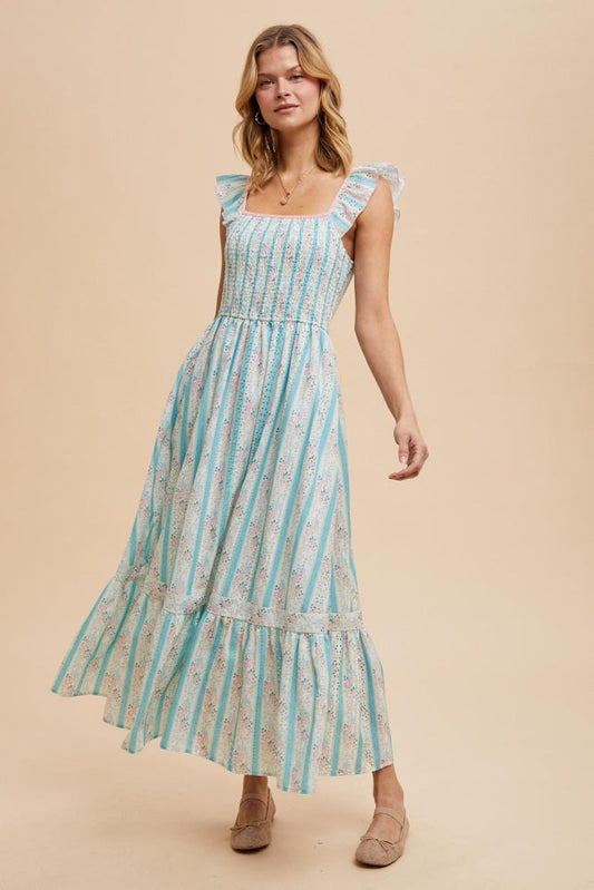 Light Blue Striped Vintage Floral Smocked Maxi Dress