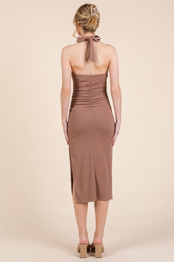 Mocha Halter Tied Criss-Cross Ribbed Midi Dress