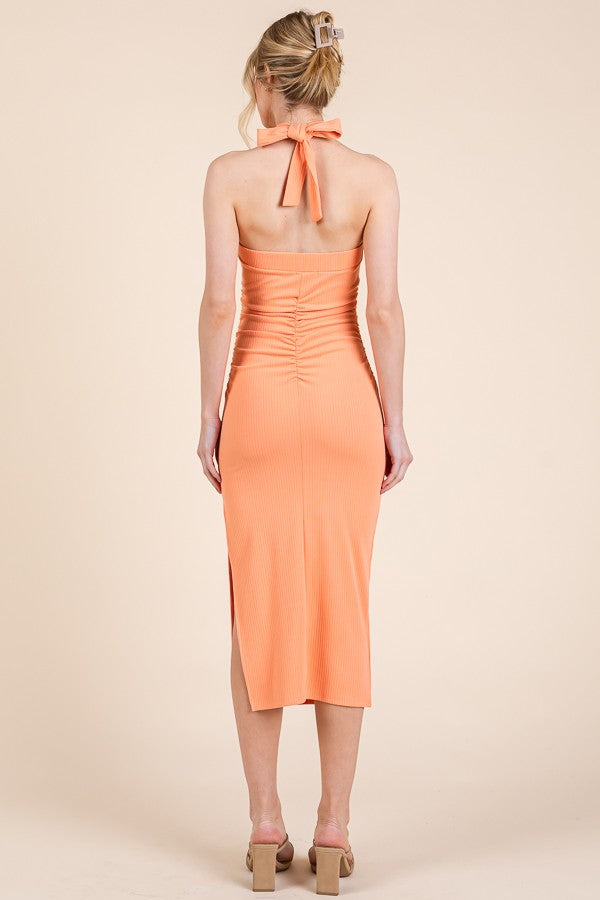 Peach Halter Tied Criss-Cross Ribbed Maternity Midi Dress Peach Halter Tied Criss-Cross Ribbed Maternity Midi Dress