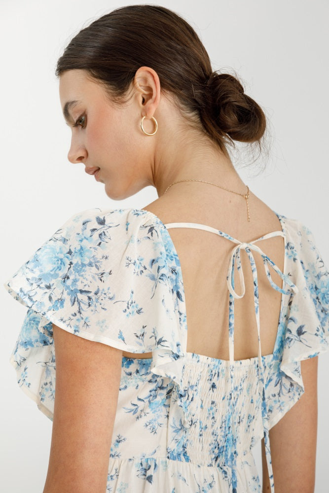 Light Blue Floral Flutter Sleeve Tiered Maxi Dress