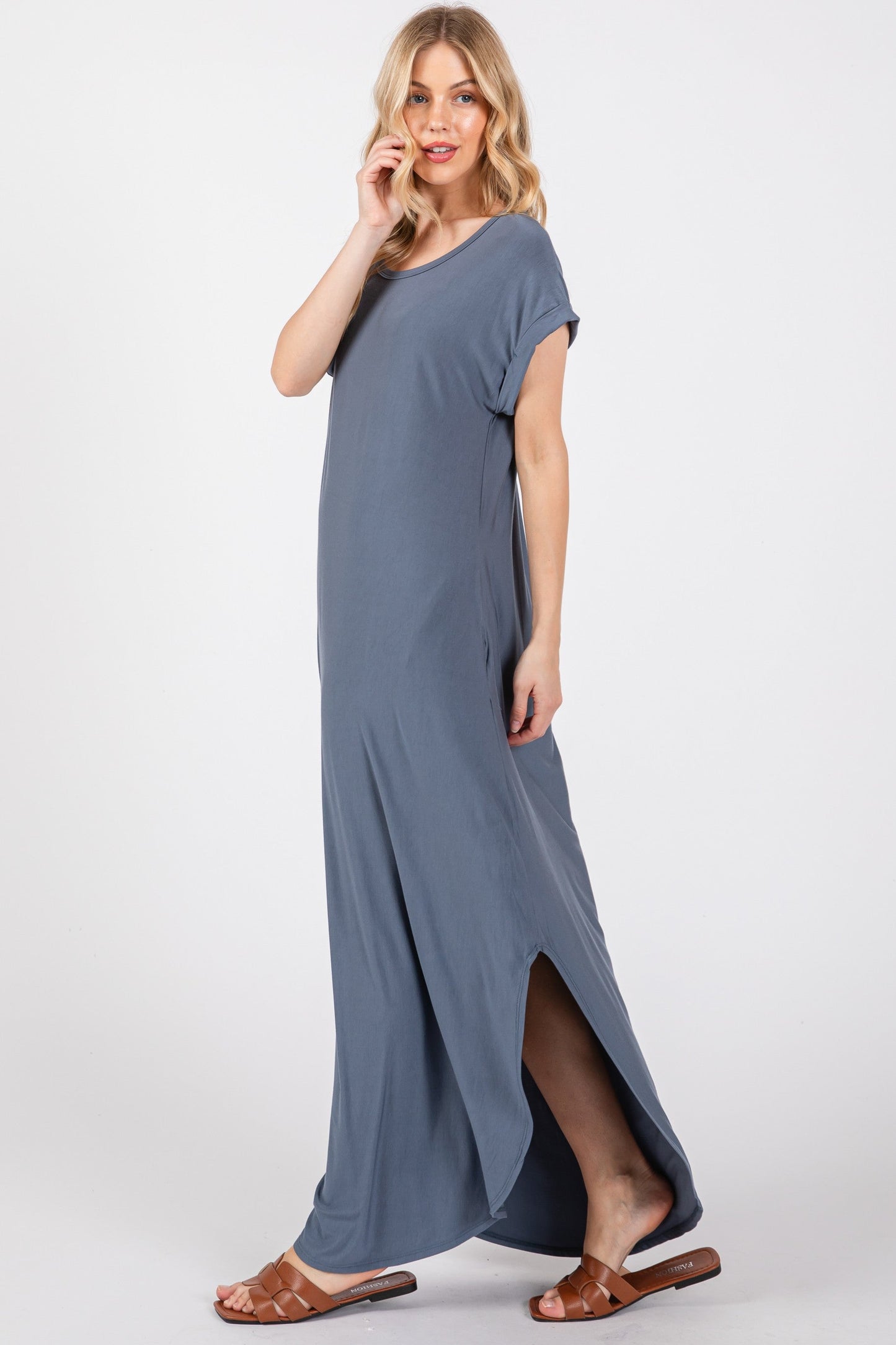 Blue Round Hem Side Slit Maxi Dress