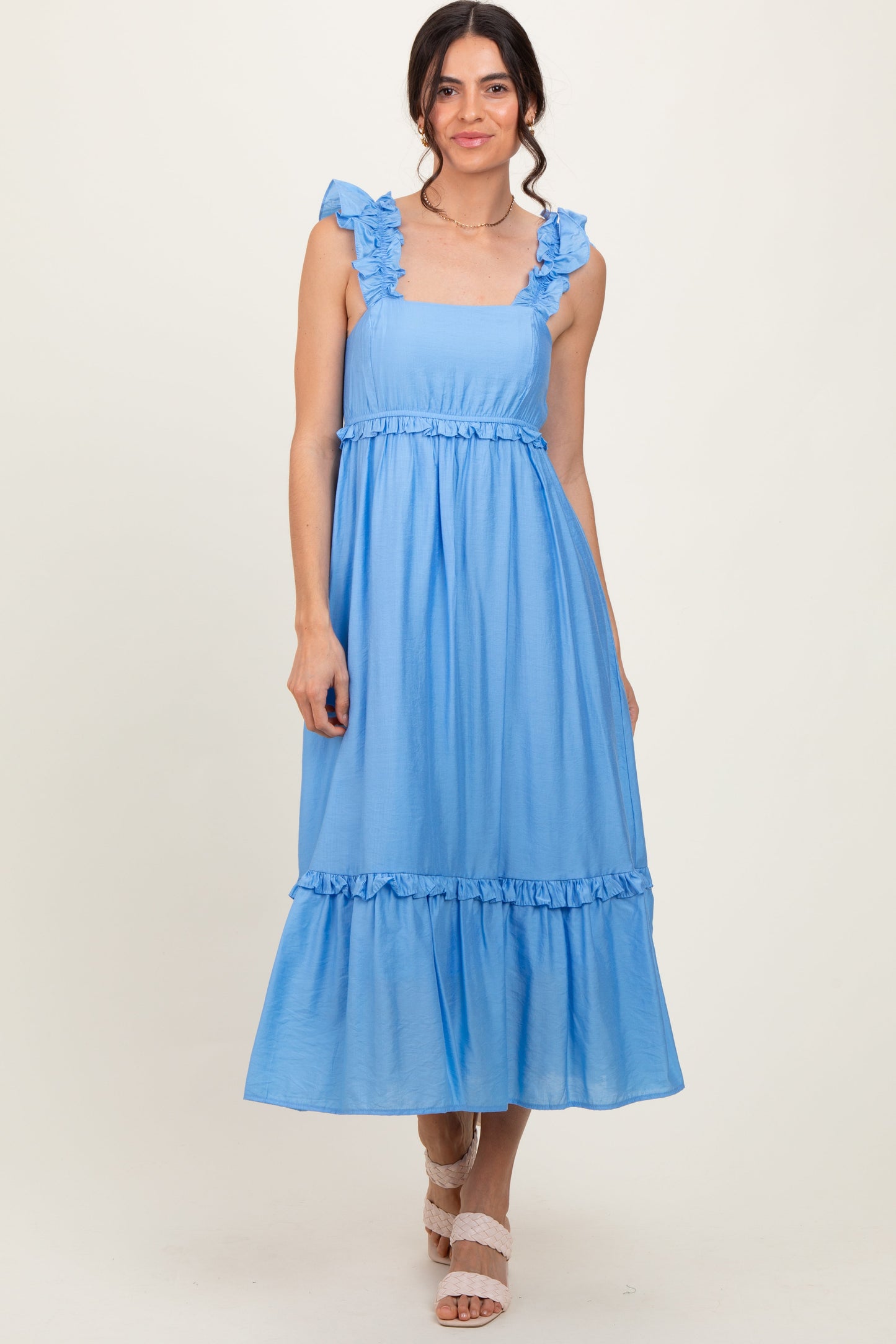 Blue Ruffle Strap Square Neck Midi Dress