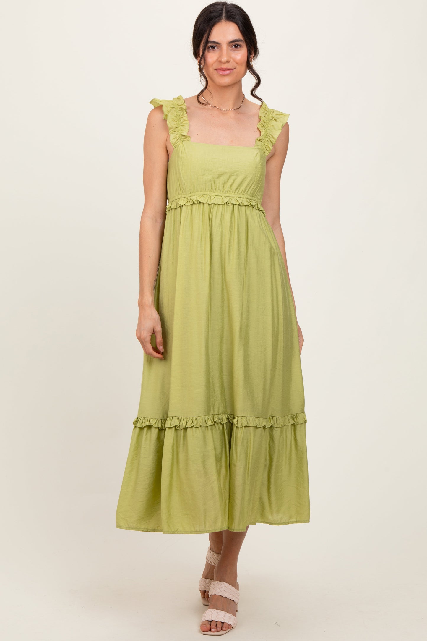 Lime Ruffle Strap Square Neck Midi Dress