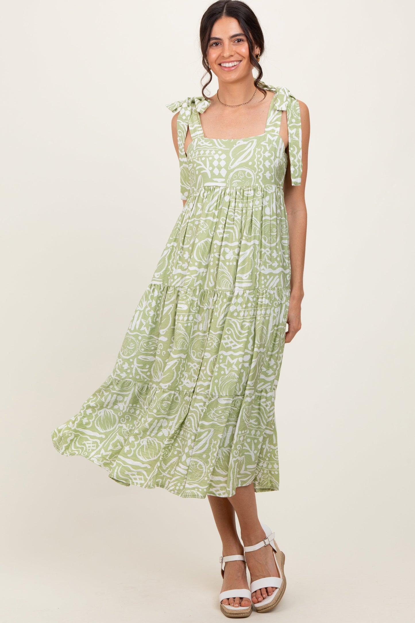 Light Olive Printed Tie Strap Tiered Midi Dress