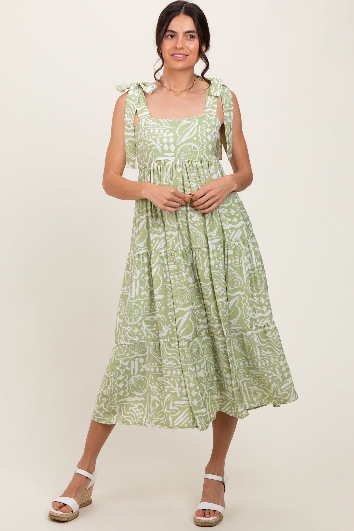 Light Olive Printed Tie Strap Tiered Midi Dress