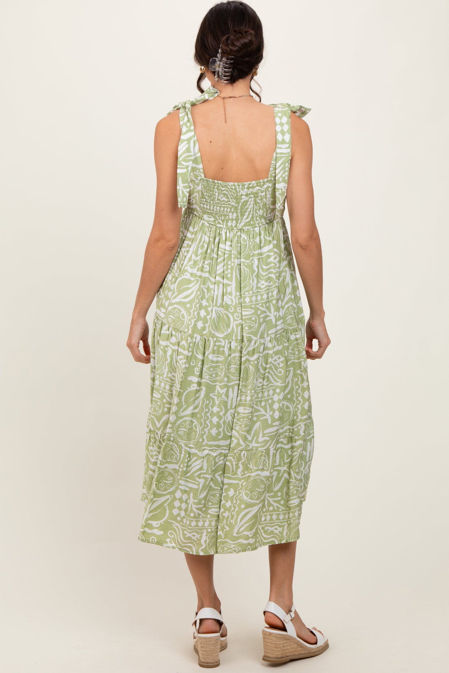 Light Olive Printed Tie Strap Tiered Midi Dress