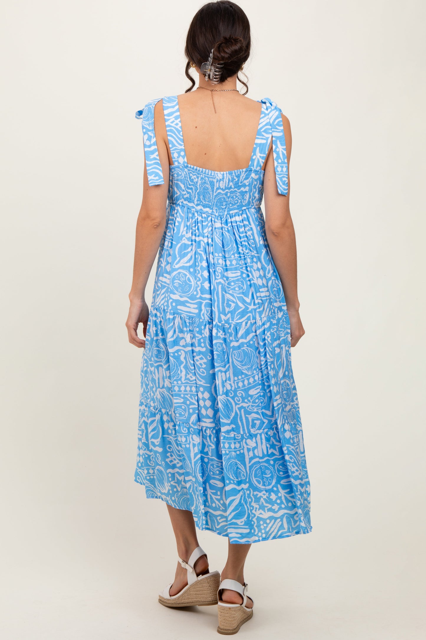 Light Blue Printed Tie Strap Tiered Midi Dress