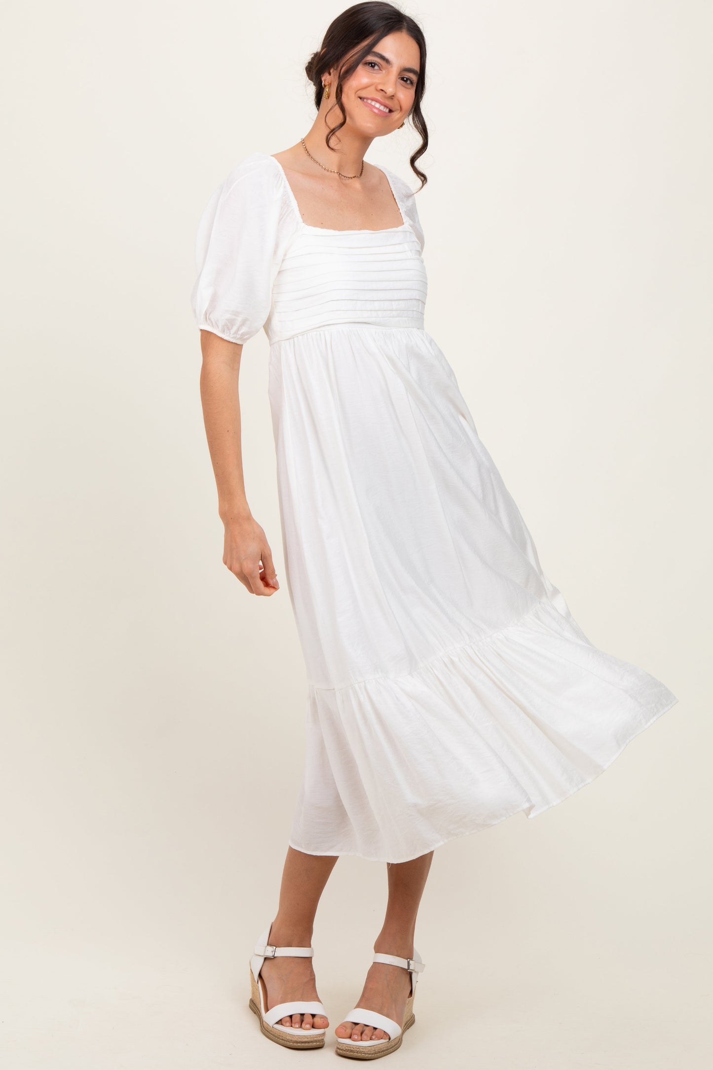 White Pleated Bodice Puff Sleeve Midi Dress