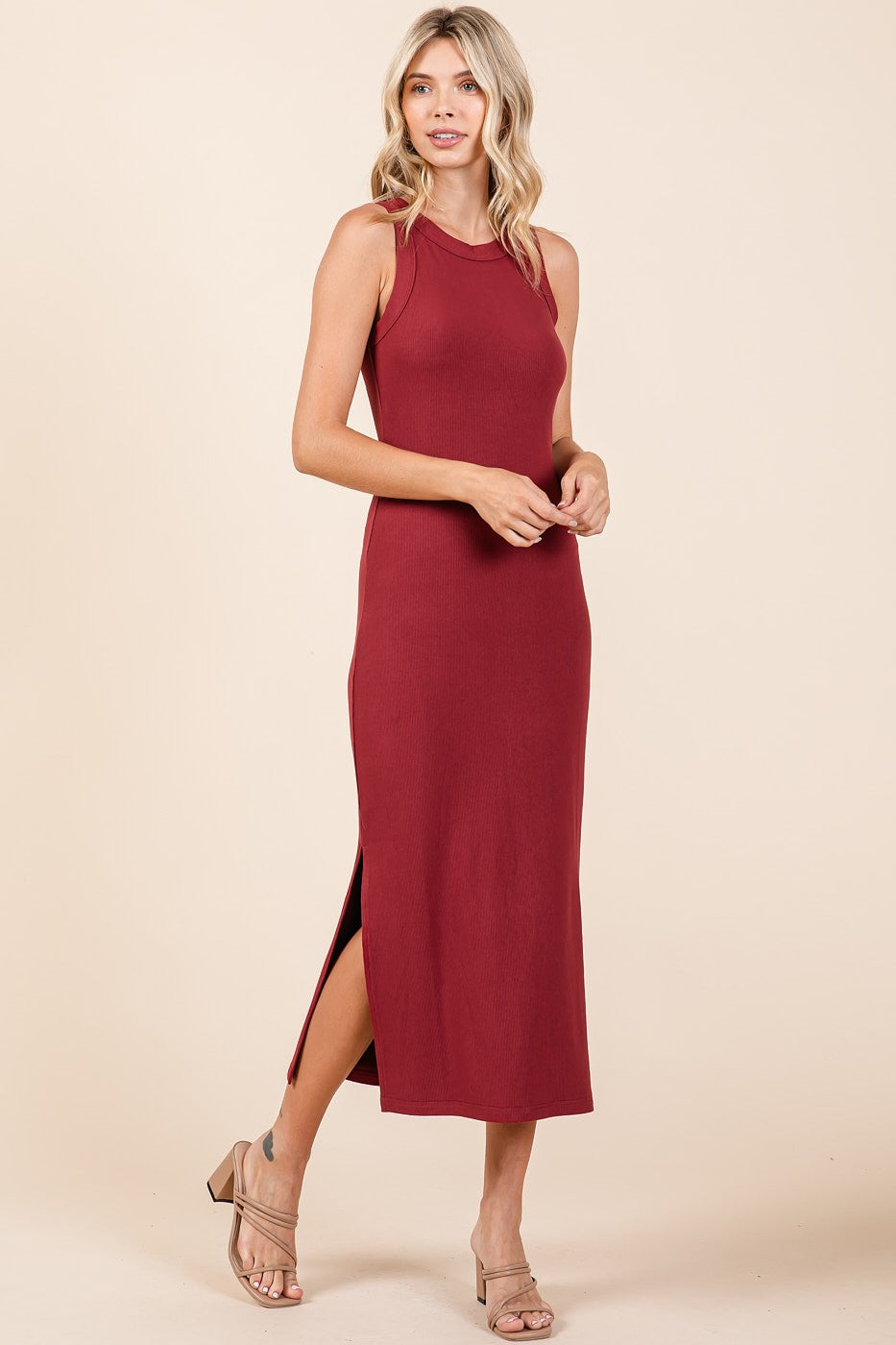 Burgundy Ribbed Side Slit Tank Dress