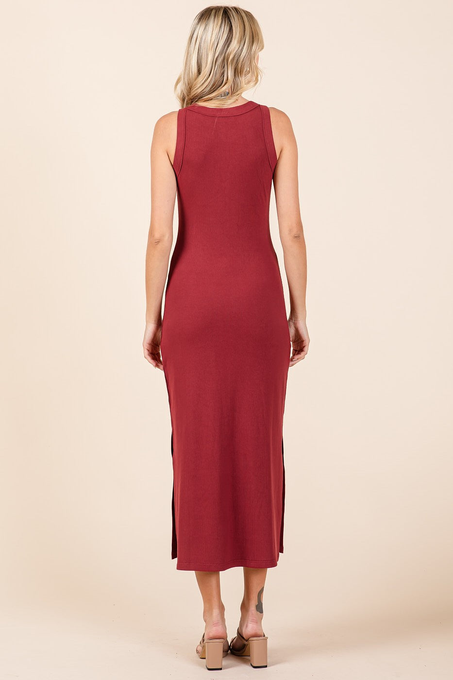 Burgundy Ribbed Side Slit Tank Dress