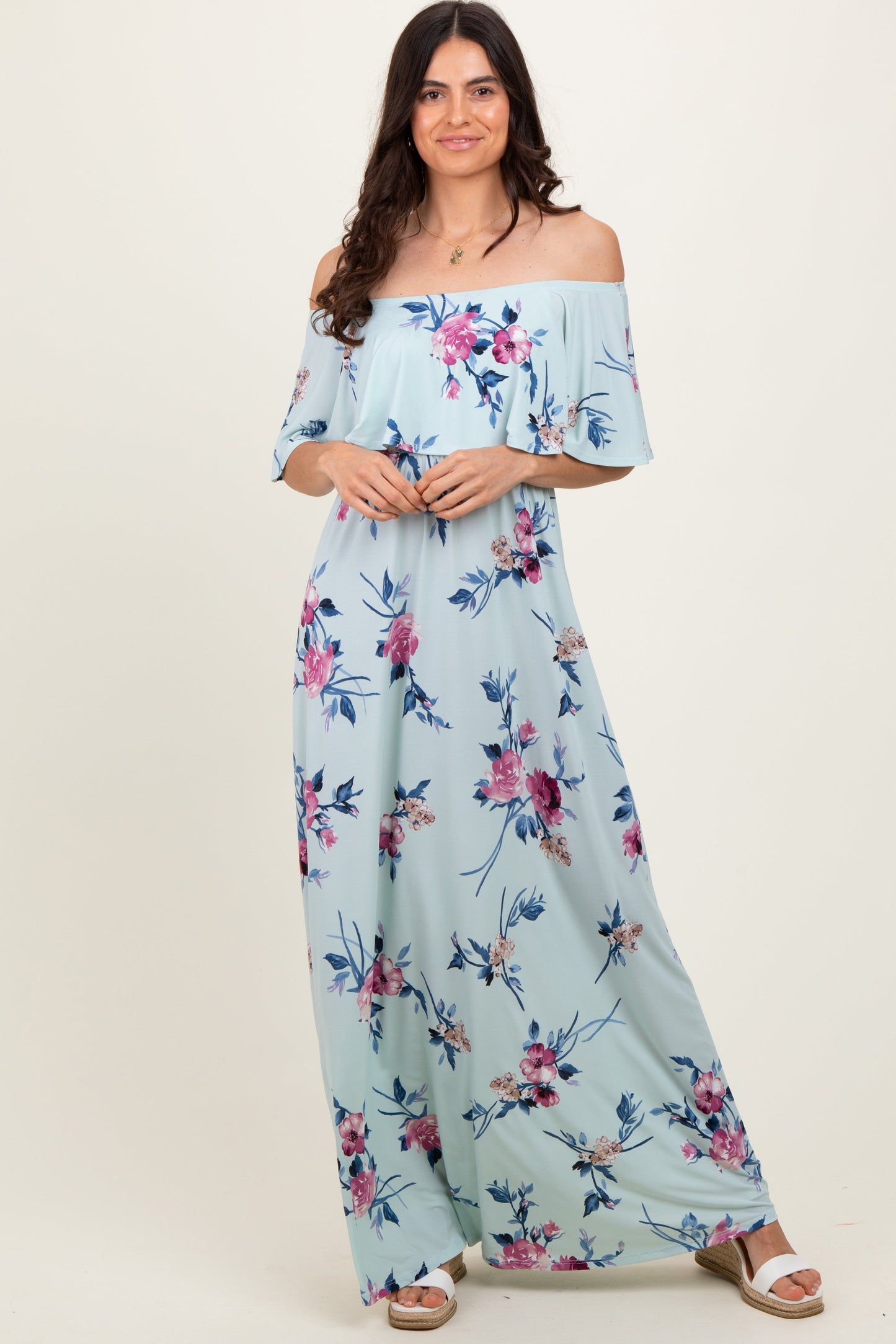 Mint Off Shoulder Floral Ruffle Maxi Dress