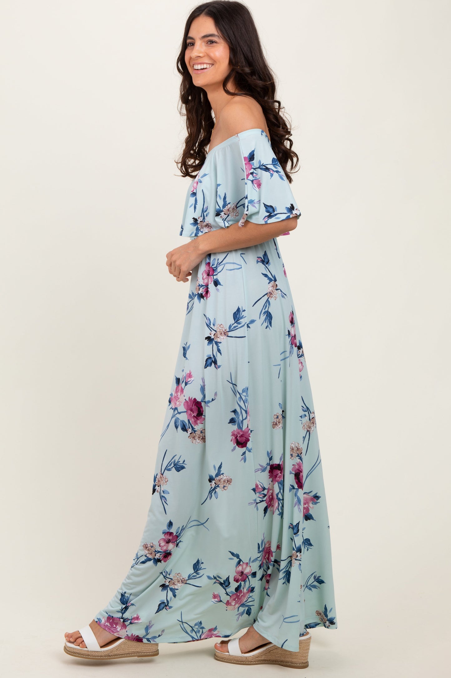 Mint Off Shoulder Floral Ruffle Maxi Dress