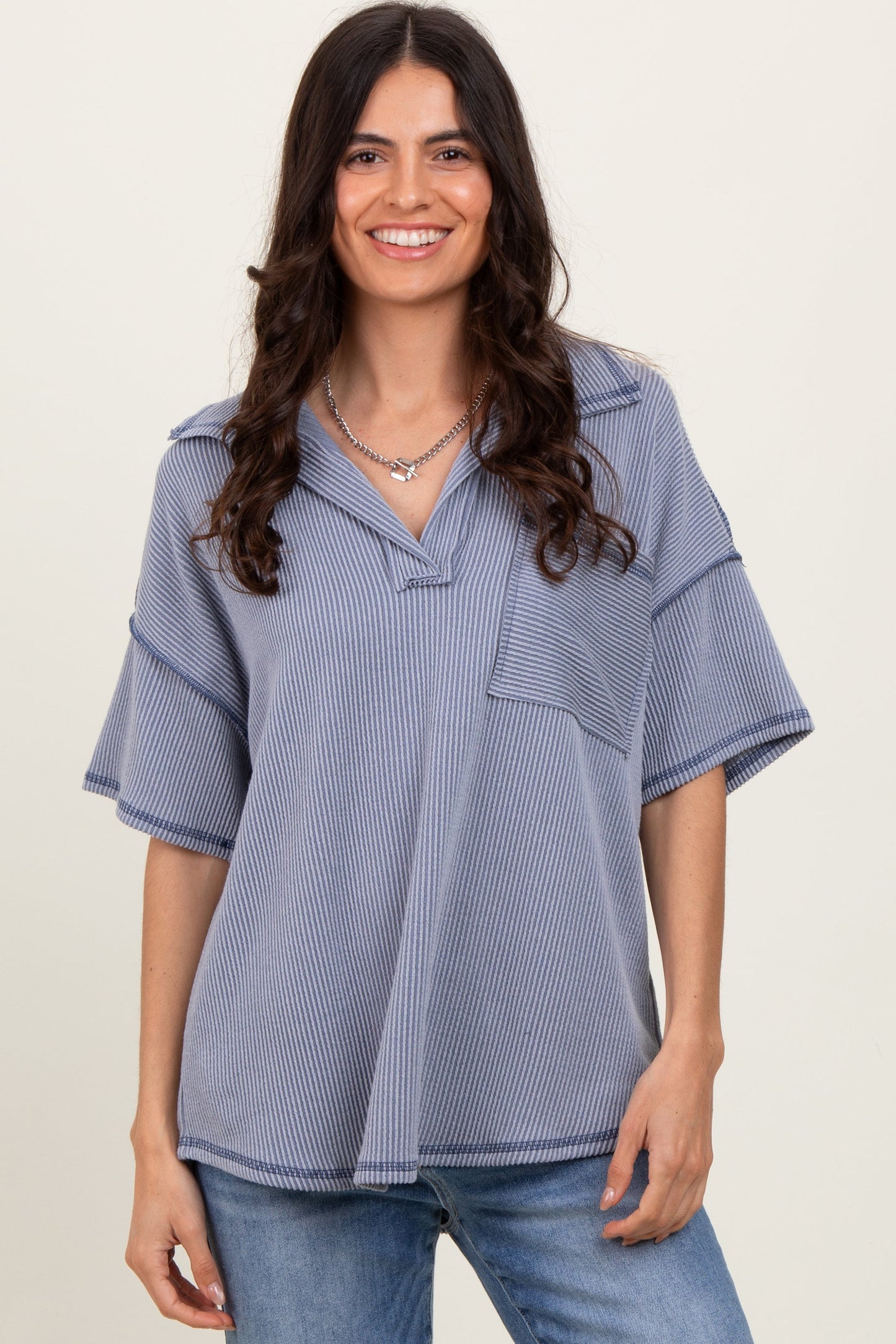 Gray Ribbed Reverse Stitch Tunic Top