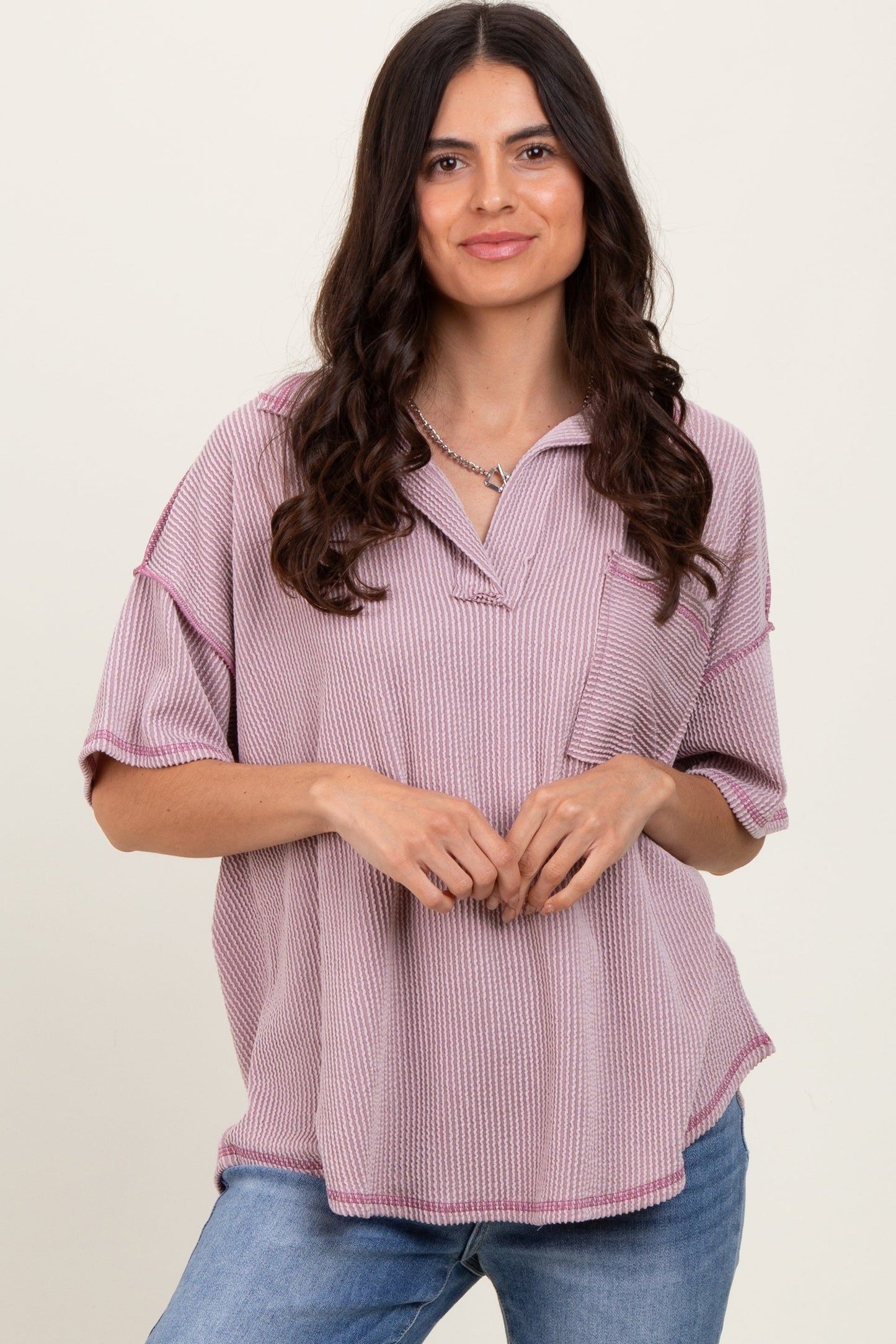 Mauve Ribbed Reverse Stitch Tunic Top