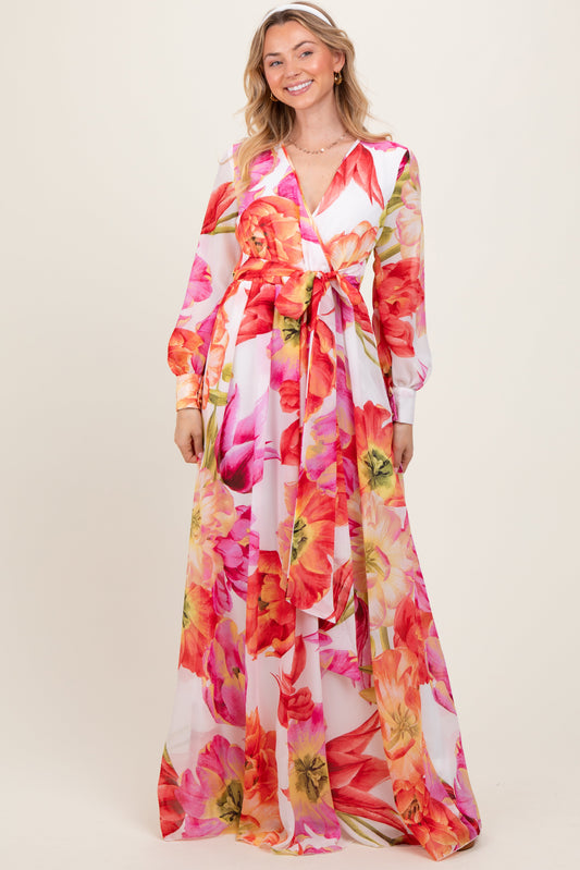 Red  Floral Chiffon Long Sleeve Maxi Dress