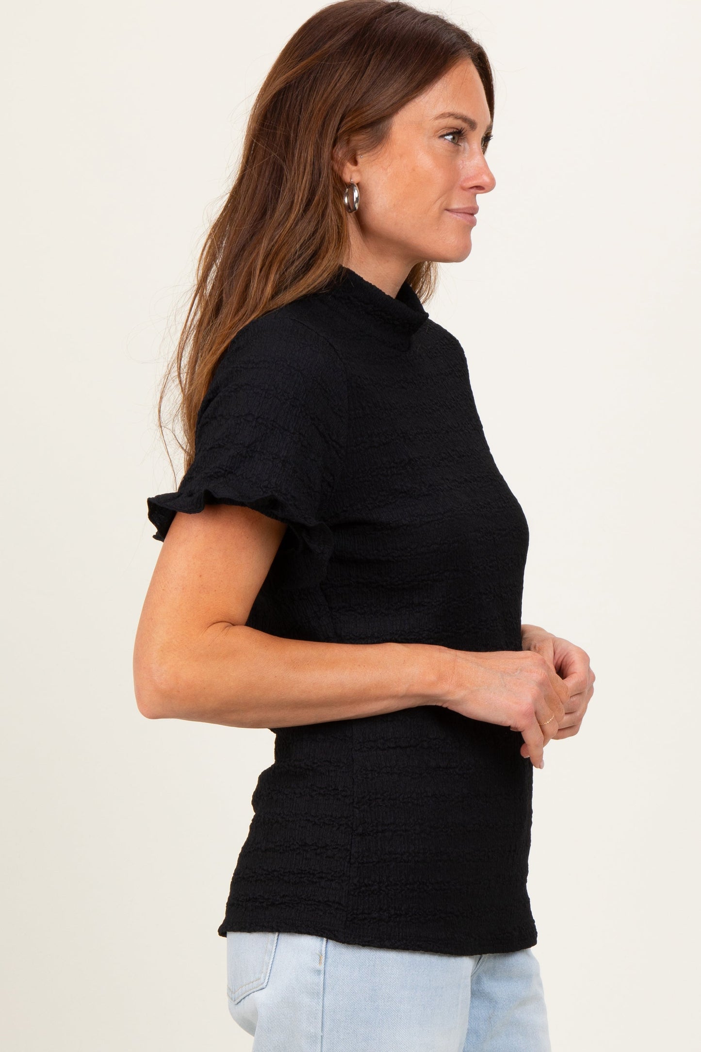 Black Solid Puff Knit Mock Neck Top