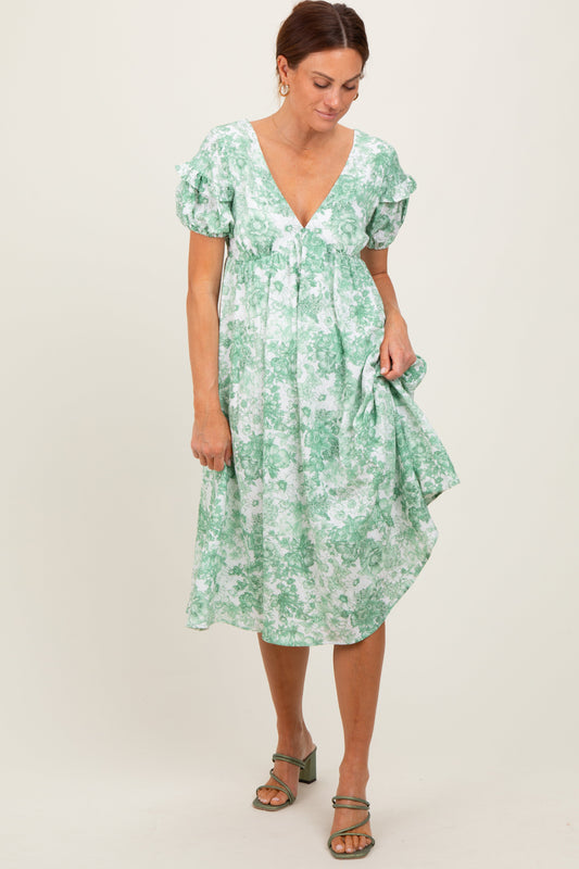 Green Floral Woven Short Sleeve Mini Dress