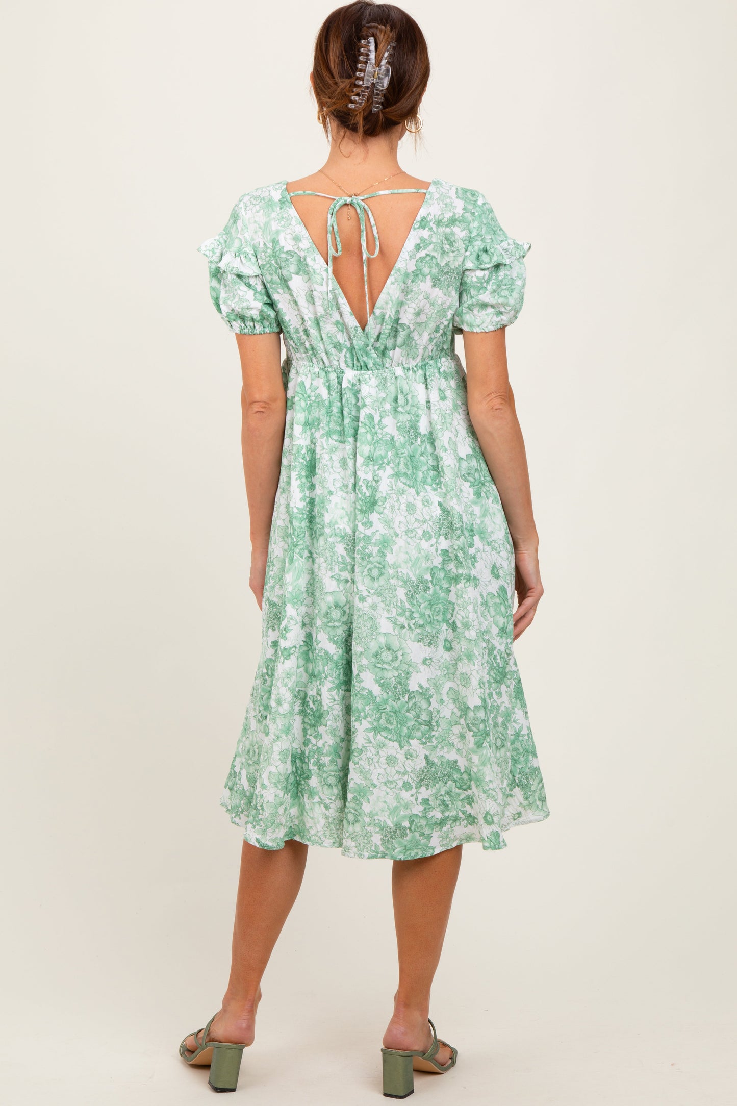 Green Floral Woven Short Sleeve Mini Dress