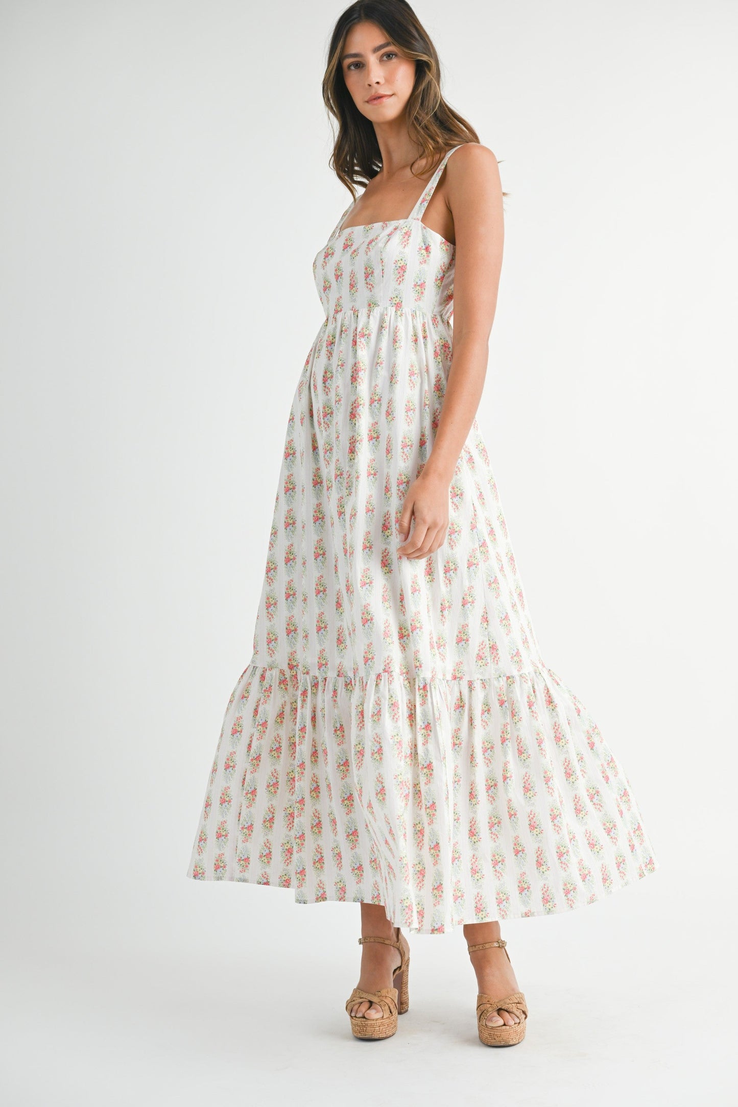 Ivory Floral Print Ruffle Hem Maxi Dress