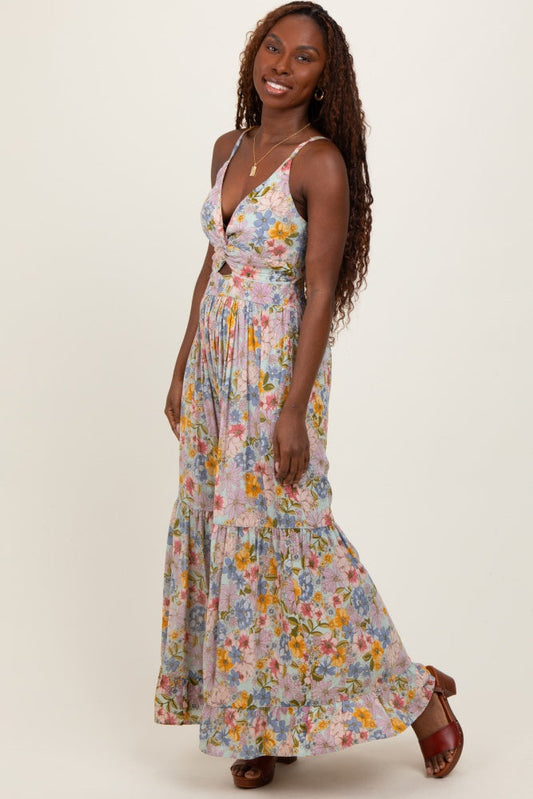 Mint Green Floral Twist Front Cutout Maxi Dress
