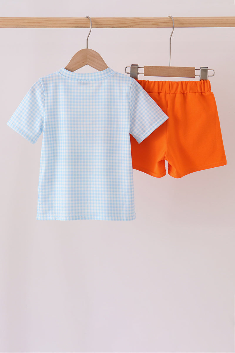 Blue Puppy Pumpkin Applique Shorts Set