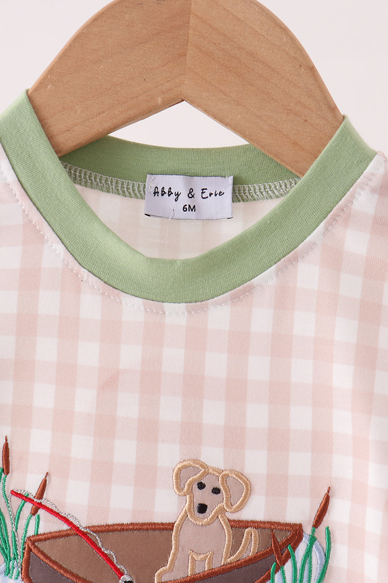 Khaki Puppy Fishing Gingham Romper