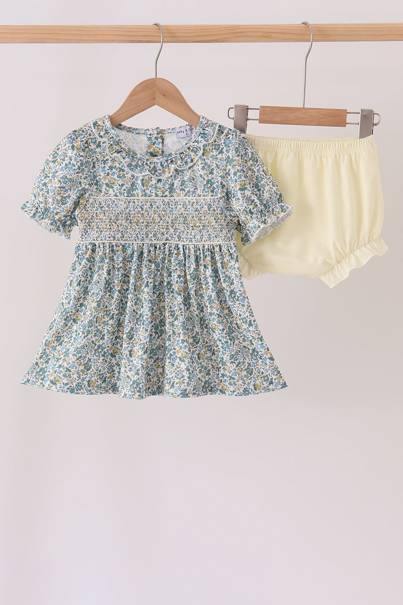Sage Floral Smocked Ruffle Bloomer Set