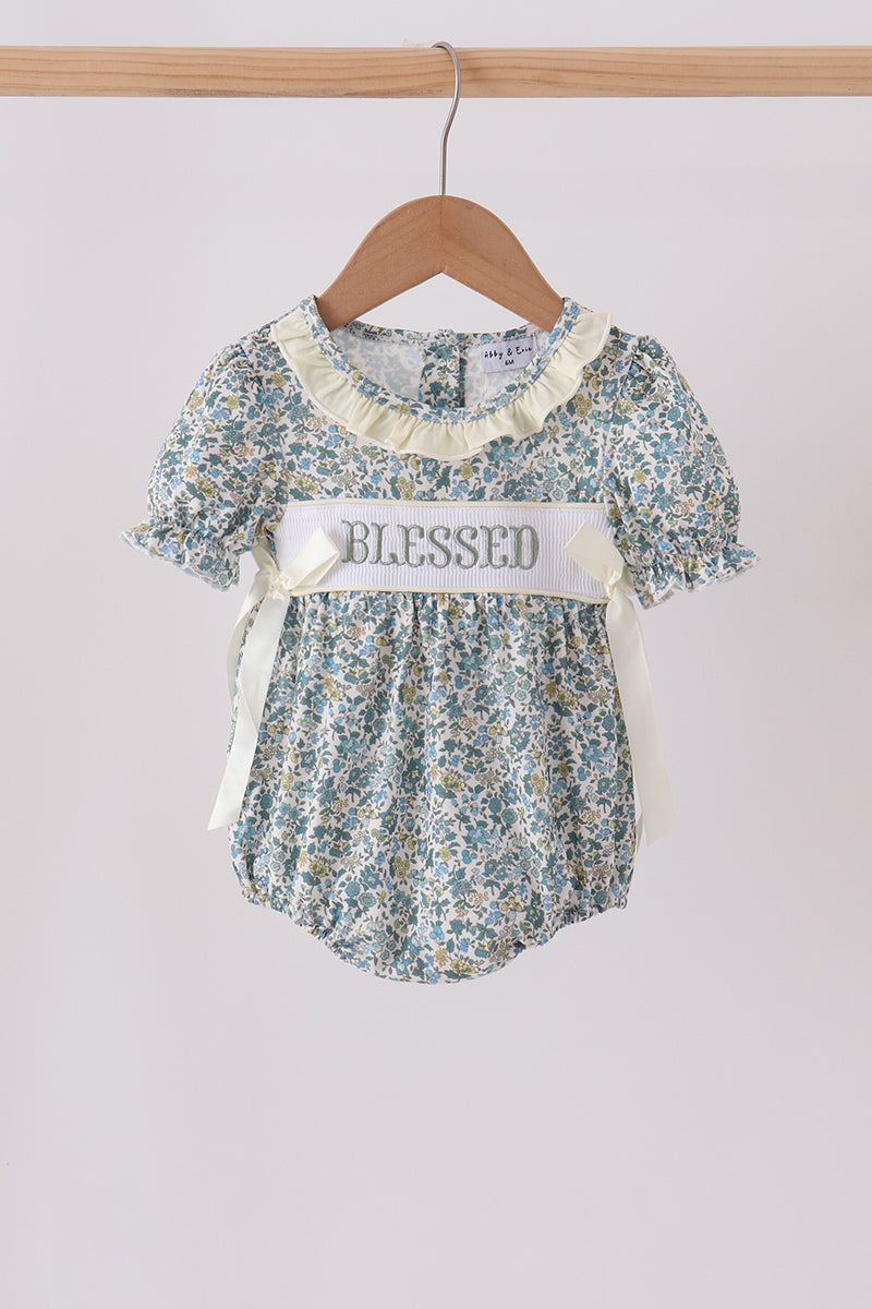 Sage Floral Blessed Smocked Ruffle Bubble