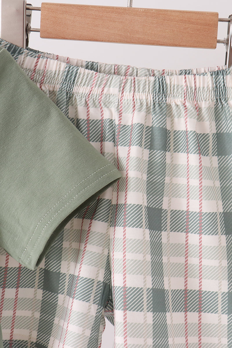 Green Pumpkin Embroidery Plaid Shorts Set