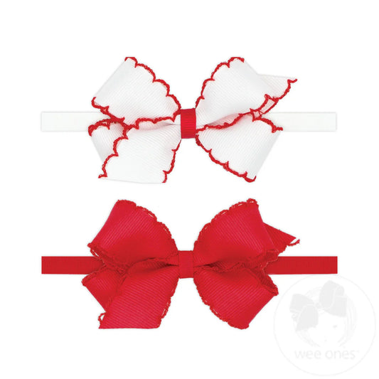 GIFT PACK! Two Mini Grosgrain Bows with Moonstitch Edge on Skinny Nylon Band – Red Set