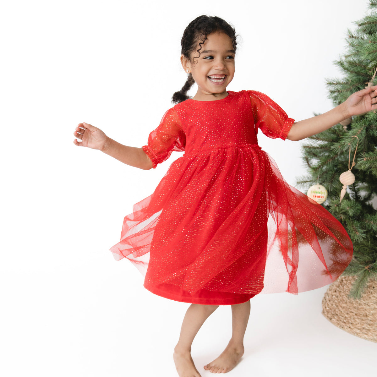 Holiday Red - Velour - Puff Sleeve Dress with Tulle Overlay and Bloomer (up to 4T)