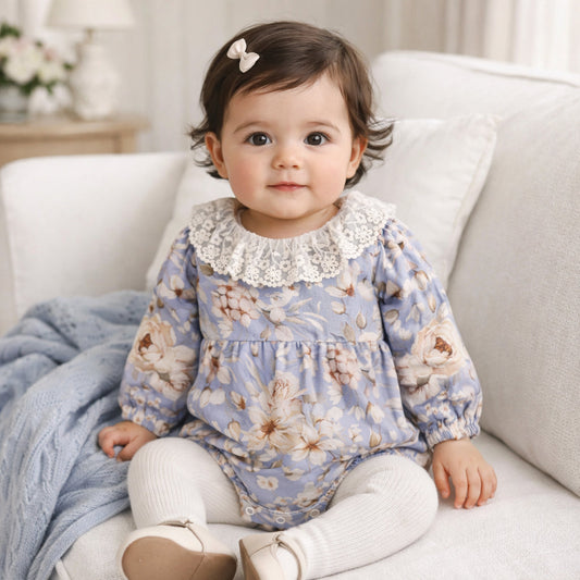 Vintage Floral Baby Bodysuit With Lace Collar