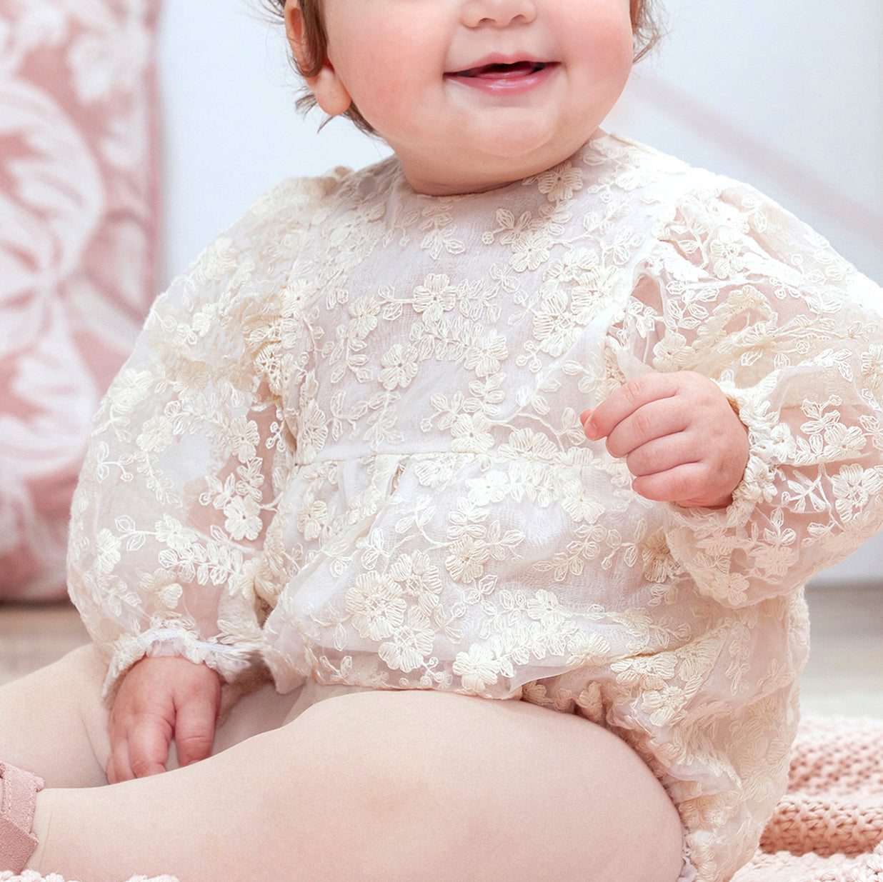 Ivory Lace Baby Romper –Embroidered Organza Special Occasion