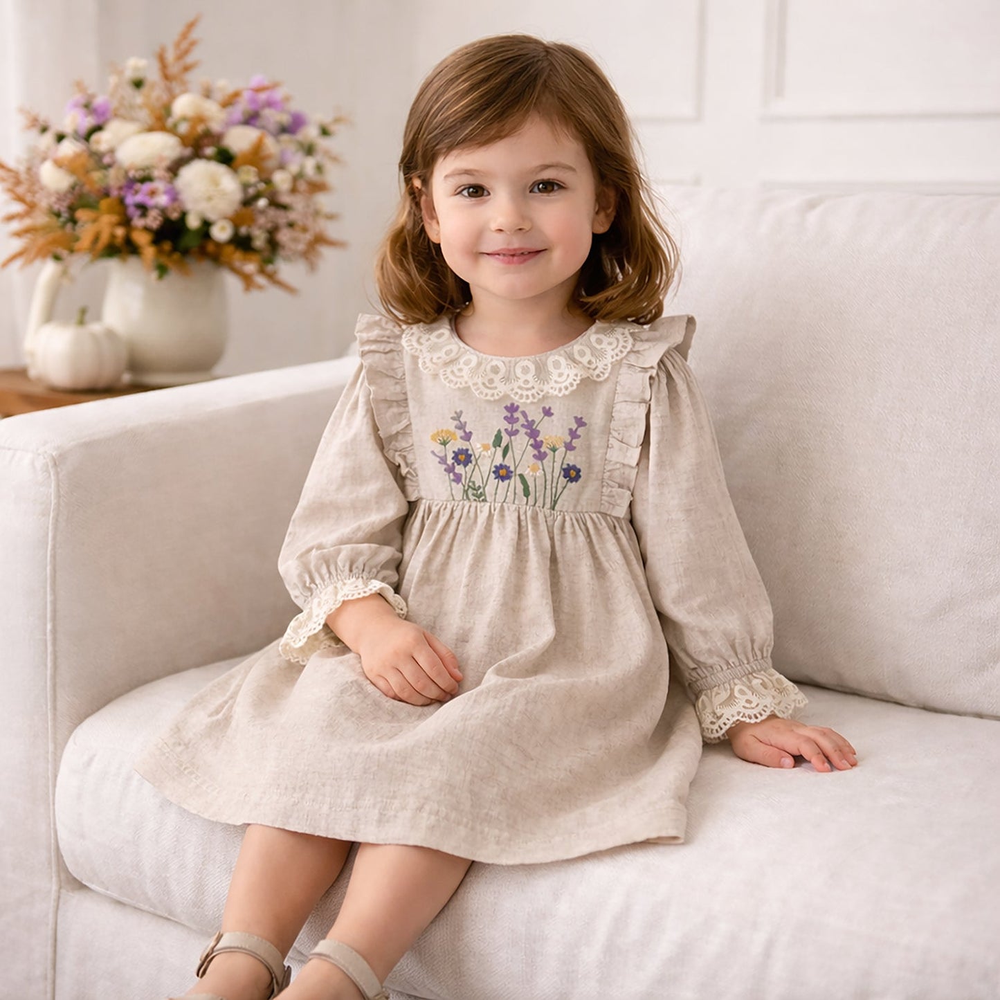 Embroidered Wildflower Linen Dress With Lace Trim